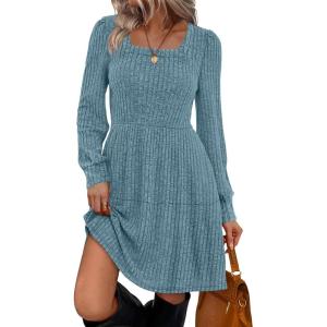 imageSampeel Womens Square Neck Long Sleeve Fall Dresses Casual Babydoll Sweater DressMarine Blue