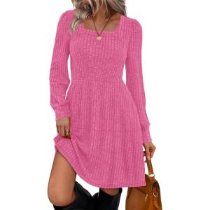 imageSampeel Womens Square Neck Long Sleeve Fall Dresses Casual Babydoll Sweater DressPink