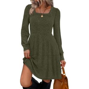 imageSampeel Womens Square Neck Long Sleeve Fall Dresses Casual Babydoll Sweater DressPretty Arm Green