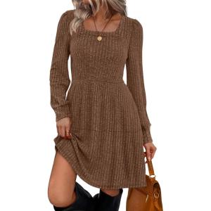 imageSampeel Womens Square Neck Long Sleeve Fall Dresses Casual Babydoll Sweater DressPretty Chocolate