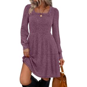 imageSampeel Womens Square Neck Long Sleeve Fall Dresses Casual Babydoll Sweater DressPurple