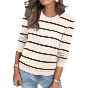 imageSampeel Womens Sweaters Crew Neck Long Sleeve Tops Knit Soft Pullover Sweaters Cozy Dressy Casual Shirts Fashion ClothingStriped Apricot