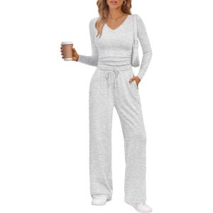 imageTrendy Queen 2 Piece Lounge Sets for Women Fall Outfits 2025 Fashion Two Piece Sweatsuits Business Casual Outfits ClothesWhite Grey