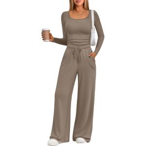 imageTrendy Queen 2 Piece Scoop Neck Lounge Set Womens Wide Leg Pants Side Ruching Slightly Crop Top Sweatsuit Sets With PocketsMocha