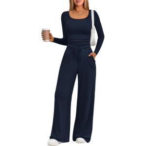 imageTrendy Queen 2 Piece Scoop Neck Lounge Set Womens Wide Leg Pants Side Ruching Slightly Crop Top Sweatsuit Sets With PocketsNavy