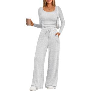 imageTrendy Queen 2 Piece Scoop Neck Lounge Set Womens Wide Leg Pants Side Ruching Slightly Crop Top Sweatsuit Sets With PocketsOatmeal Grey