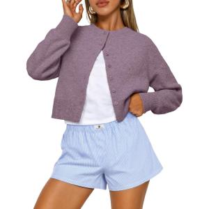 imageTrendy Queen Cropped Cardigan Sweaters for Women Lightweight Crop Knit Y2k Fall Outfits Fashion Clothes 2025Purple