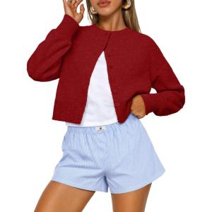 imageTrendy Queen Cropped Cardigan Sweaters for Women Lightweight Crop Knit Y2k Fall Outfits Fashion Clothes 2025Red