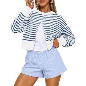 imageTrendy Queen Cropped Cardigan Sweaters for Women Lightweight Crop Knit Y2k Fall Outfits Fashion Clothes 2025White Blue