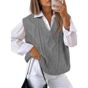 imageTrendy Queen Women s Oversized V Neck Sweater Vest Sleeveless Cable Knit Casual Pullover TopsHeather Gray