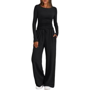 imageTrendy Queen Womens 2 Piece Matching Lounge Set Boat Neck Slim Fitted Top Wide Leg Pants Casual TracksuitsBlack