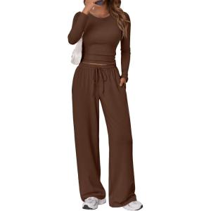 imageTrendy Queen Womens 2 Piece Matching Lounge Set Long Sleeve Slightly Crop Top Wide Leg Pants Casual SweatsuitCocoa