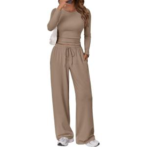 imageTrendy Queen Womens 2 Piece Matching Lounge Set Long Sleeve Slightly Crop Top Wide Leg Pants Casual SweatsuitKhaki