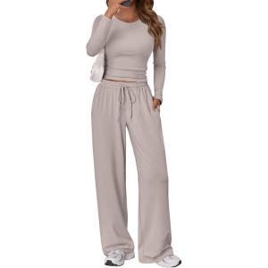 imageTrendy Queen Womens 2 Piece Matching Lounge Set Long Sleeve Slightly Crop Top Wide Leg Pants Casual SweatsuitSmoke