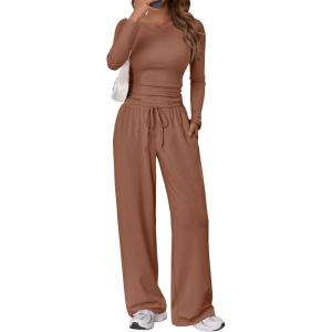 imageTrendy Queen Womens 2 Piece Matching Lounge Set Long Sleeve Slightly Crop Top Wide Leg Pants Casual SweatsuitToffee