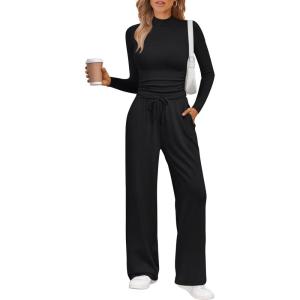 imageTrendy Queen Womens 2 Piece Matching Lounge Set Mock Turtleneck Top Wide Leg Pants Casual Sweatsuit with PocketsBlack