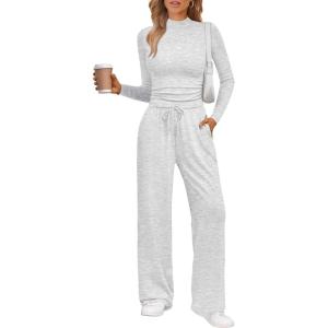 imageTrendy Queen Womens 2 Piece Matching Lounge Set Mock Turtleneck Top Wide Leg Pants Casual Sweatsuit with PocketsLight Grey