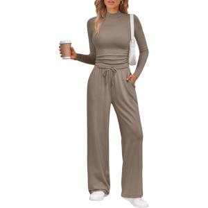 imageTrendy Queen Womens 2 Piece Matching Lounge Set Mock Turtleneck Top Wide Leg Pants Casual Sweatsuit with PocketsMocha