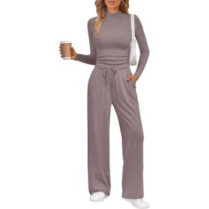 imageTrendy Queen Womens 2 Piece Matching Lounge Set Mock Turtleneck Top Wide Leg Pants Casual Sweatsuit with PocketsNutmeg