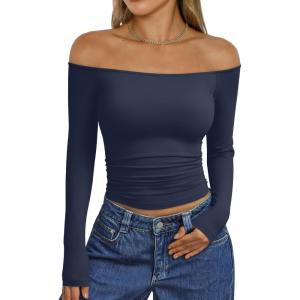 imageTrendy Queen Womens Long Sleeve Off The Shoulder Tops Going Out Cute Basic Y2K Fall Fashion 2025 Outfits ClothesNavy