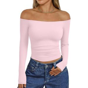 imageTrendy Queen Womens Long Sleeve Off The Shoulder Tops Going Out Cute Basic Y2K Fall Fashion 2025 Outfits ClothesPink