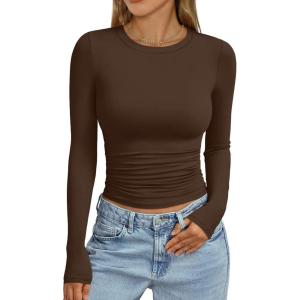 imageTrendy Queen Womens Long Sleeve Shirts Crop Tops Fall Fashion 2025 Going Out Basic Winter ClothesChocolate