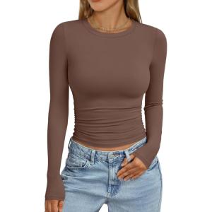 imageTrendy Queen Womens Long Sleeve Shirts Crop Tops Fall Fashion 2025 Going Out Basic Winter ClothesCoffee
