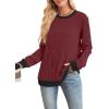 imageSampeel Womens Tops Long Sleeve Shirts Lightweight Sweaters Loose Fit Crewneck Color Block Fall Fashion OutfitsWine Red