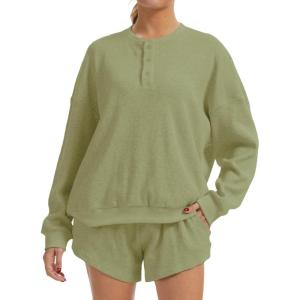 imageAnotherChill Womens Oversized Waffle Knit Lounge Set Long Sleeve Sweatshirt and High Waisted Shorts 2 Piece Casual OutfitGreen
