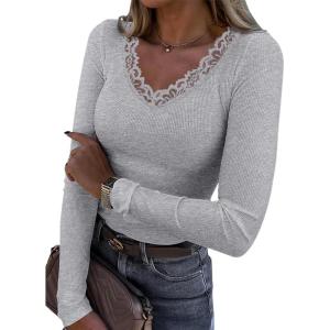 imageLong Sleeve Shirts for Women Lace V Neck Ribbed Fitted TShirt Dressy Business Casual Blouses 2025 Trendy Fall TopsGrey