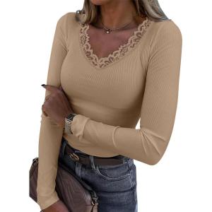 imageLong Sleeve Shirts for Women Lace V Neck Ribbed Fitted TShirt Dressy Business Casual Blouses 2025 Trendy Fall TopsLight Khaki