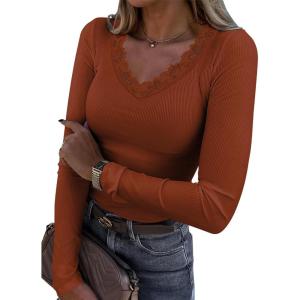 imageLong Sleeve Shirts for Women Lace V Neck Ribbed Fitted TShirt Dressy Business Casual Blouses 2025 Trendy Fall TopsOrange