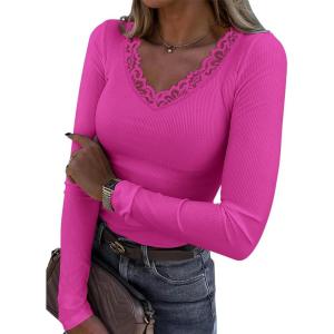 imageLong Sleeve Shirts for Women Lace V Neck Ribbed Fitted TShirt Dressy Business Casual Blouses 2025 Trendy Fall TopsRose Pink
