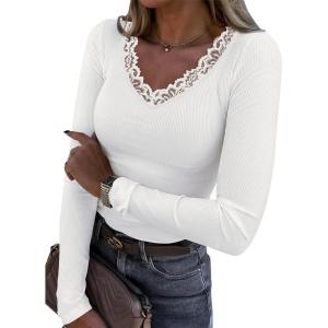 imageLong Sleeve Shirts for Women Lace V Neck Ribbed Fitted TShirt Dressy Business Casual Blouses 2025 Trendy Fall TopsWhite