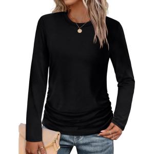 imageSAMPEEL Long Sleeve Shirts for Women Ruched Fall Tops Crew Neck T Shirts Fashion Clothing 2025All Black