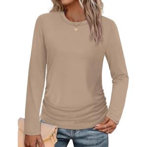 imageSAMPEEL Long Sleeve Shirts for Women Ruched Fall Tops Crew Neck T Shirts Fashion Clothing 2025Khaki