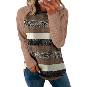 imageSAMPEEL Sweatshirt for Women Long Sleeve Shirts Crewneck Sweaters Fall Fashion Outfits 2025 Trendy Tunic Tops Plus SizeStripedbrown