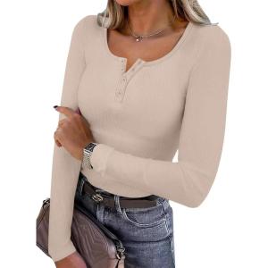 imageSAMPEEL Womens Long Sleeve Henley Shirts Slim Fit Tops 2025 Casual Fashion Outfits Basic Trendy TShirts Soft ClothingBeige