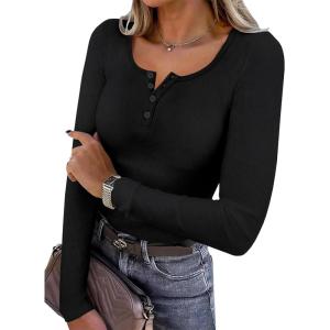 imageSAMPEEL Womens Long Sleeve Henley Shirts Slim Fit Tops 2025 Casual Fashion Outfits Basic Trendy TShirts Soft ClothingBlack