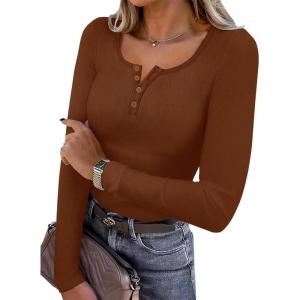 imageSAMPEEL Womens Long Sleeve Henley Shirts Slim Fit Tops 2025 Casual Fashion Outfits Basic Trendy TShirts Soft ClothingCaramel