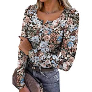 imageSAMPEEL Womens Long Sleeve Henley Shirts Slim Fit Tops 2025 Casual Fashion Outfits Basic Trendy TShirts Soft ClothingPatternfloral