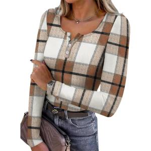 imageSAMPEEL Womens Long Sleeve Henley Shirts Slim Fit Tops 2025 Casual Fashion Outfits Basic Trendy TShirts Soft ClothingPatternplaid
