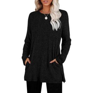imageSAMPEEL Womens Sweaters Crewneck Long Sleeve Shirts with Pockets Fall Outfits 2025 Fashion Winter Clothing Side SlitBlack