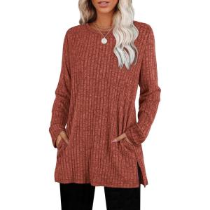 imageSAMPEEL Womens Sweaters Crewneck Long Sleeve Shirts with Pockets Fall Outfits 2025 Fashion Winter Clothing Side SlitCaramel