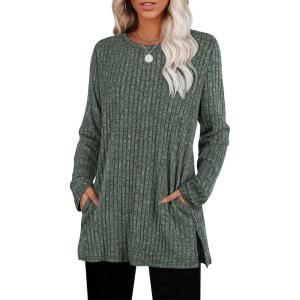 imageSAMPEEL Womens Sweaters Crewneck Long Sleeve Shirts with Pockets Fall Outfits 2025 Fashion Winter Clothing Side SlitClassic Green