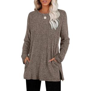 imageSAMPEEL Womens Sweaters Crewneck Long Sleeve Shirts with Pockets Fall Outfits 2025 Fashion Winter Clothing Side SlitCoffee