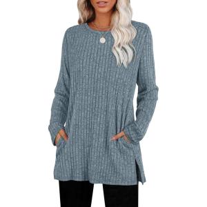 imageSAMPEEL Womens Sweaters Crewneck Long Sleeve Shirts with Pockets Fall Outfits 2025 Fashion Winter Clothing Side SlitEarth Blue