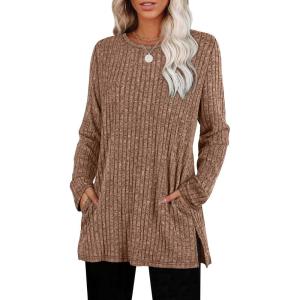 imageSAMPEEL Womens Sweaters Crewneck Long Sleeve Shirts with Pockets Fall Outfits 2025 Fashion Winter Clothing Side SlitOrange Brown