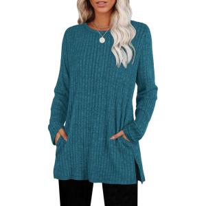 imageSAMPEEL Womens Sweaters Crewneck Long Sleeve Shirts with Pockets Fall Outfits 2025 Fashion Winter Clothing Side SlitPretty Blue