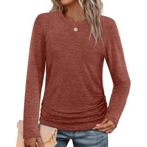 imageSAMPEEL Womens Sweaters Long Sleeve Shirts Fall Fashion 2025 Trendy Tops Ruched Outfits Winter ClothingAll Caramel
